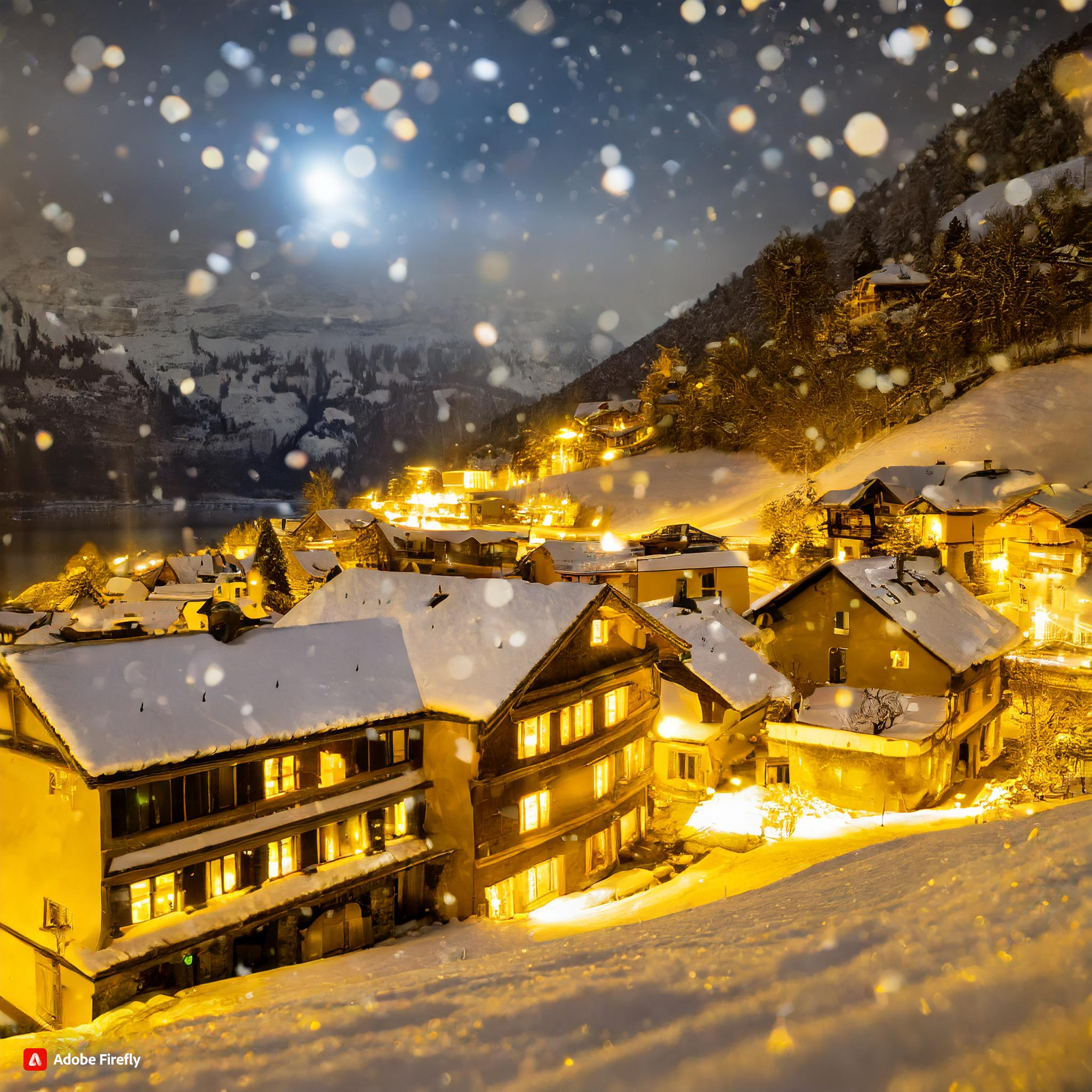  Firefly Switzerland at night covered in snow with lights shining through windows of houses